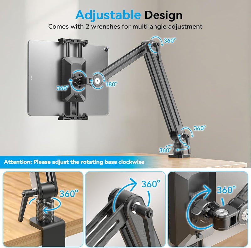 Jakeko Adjustable Portable Monitor Stand 15.6" - 360° Rotating Base Tall Tablet Desk Arm Holder Stand for iPad Air/Pro/Mini Swivel Flexible Bed Clamp Mount Soporte para Tablet/Monitor Portatil/Ereader - Image 4